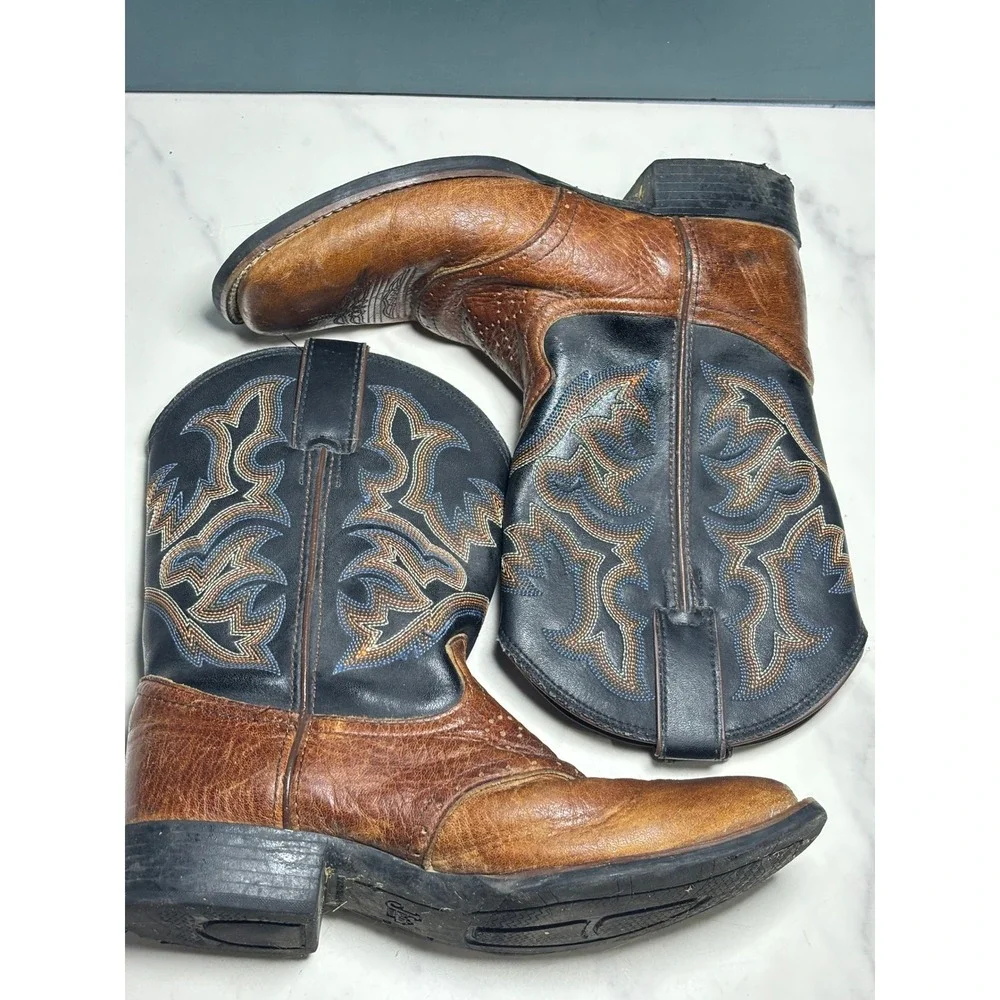 Justin Boots Kids 2D Brown Black Leather Square Toe Western Cowboy Boots 7010Y